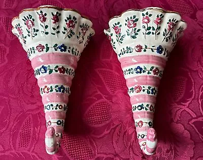 Buy Pair Of Vintage Pink Floral Cornucopia Wall Pocket Vases Stamped Japan • 38.50£