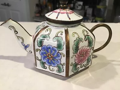 Buy Antique Deco Mini Teapot B. Yee Made In China Enamel On Brass (Floral) • 17£
