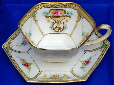 Buy 1908 Art Nouveau Noritake Hand Painted Six Sided Raised Gold/roses Cup & Saucer! • 29.99£