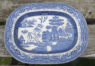 Buy Antique Blue & White Transferware - Willow Pattern Platter 15 1/2  Crown Patent • 14.99£
