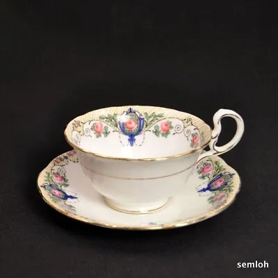 Buy Aynsley Footed Cup Saucer Doris Handle Pink Gold Cartouches Scalloped 1926-1934 • 73£