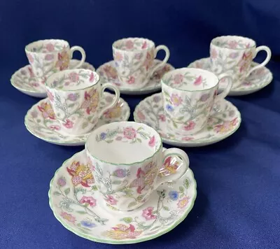 Buy Minton Haddon Hall Demitasse Coffee Cups And Saucers Green Floral Set Of 6 • 60£
