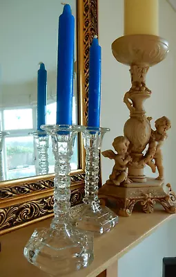 Buy PAIR Tall Glass Candlesticks Vintage ART & CRAFTS Decorative Ribbed Stems 7 1/8  • 19.99£