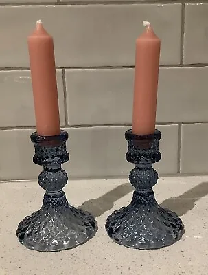 Buy Pair Of Blue Glass Candlesticks With Pink Candles • 18£