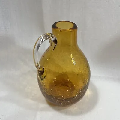 Buy Hand Blown Crackle Glass Pitcher Vase Amber Applied Handle Vintage • 8.53£