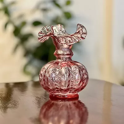 Buy Fenton Cranberry Beaded Melon Vase Ruffle Crimped Rim Pink Art Glass Vintage 6” • 28.80£