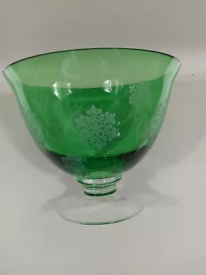 Buy Vintage Green Glass Pedestal Candy Dish With Etched Snowflakes • 14.40£