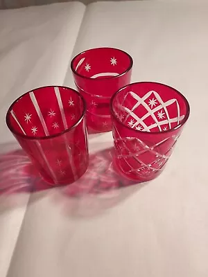 Buy 3 Small 2 & 5/8  Tall Red Cut Etched Glasses Votives • 9.41£