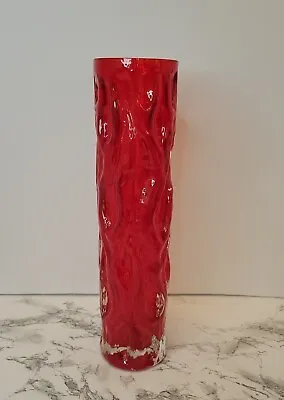 Buy Vintage 1960s - 70 Bark Textured Vase  Ruby Red 10” X 2 1/2  Studio Art Glass • 57.85£
