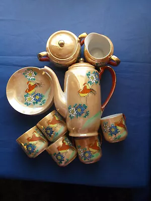 Buy Vintage  Hand Painted Japanese  China Tea  Set - Peach Colour, Parrots, Flowers • 30£