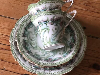 Buy Antique Art Nouveau Hand Painted Scalloped Edged Cups, Saucers & Side Plate Set, • 12.99£