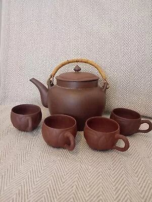 Buy Chinese  Red Clay Teapot With Bamboo Handle And 4 Cups • 30£
