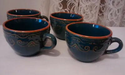 Buy Pier 1 Tunisia Stoneware Tea Cups Teal Blue Red-Brown Trim Embossed Scroll Set 4 • 22.36£