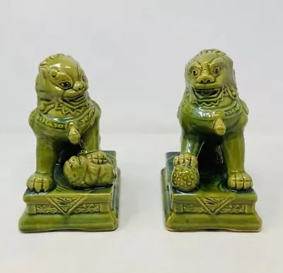 Buy Foo Dogs Fu Dogs Shi Shi Green Ornaments Oriental Pea Glaze  Ceramic Pair Vtg  • 115£
