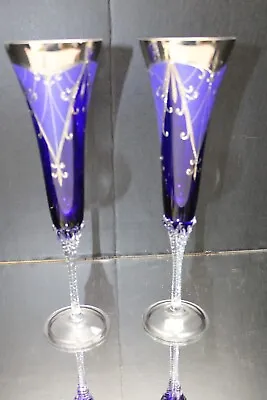 Buy Pair Bohemian Crystal Cobalt Blue Silver Etched Champagne Wine Flutes • 144.62£