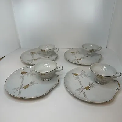 Buy Vintage China Tea Cup Snack Plate 8 Piece Set Oyster Shape Bamboo Gold Paint • 19.21£