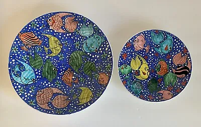 Buy Kutahya Turkiye Turkey Two Handmade Dishes Hand Painted Fish Blue Plate Bowl • 14.41£