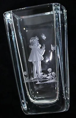 Buy Strombergshyttan Glass Vase Etched BUTTERFLY Girl Blue Glass Signed 6.75 Inch • 48.02£