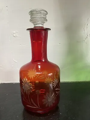 Buy Vintage Cranberry Glass Decanter With Etched Floral Design • 15£