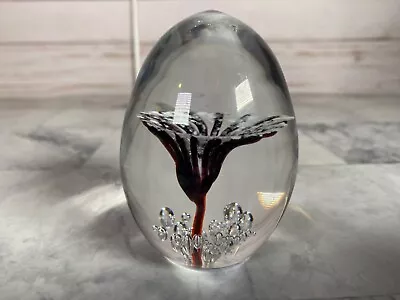 Buy Daum France Art Glass Egg Shaped Paperweight White Black Red Flower • 23.71£