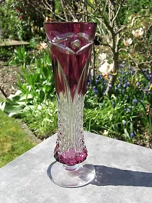 Buy Unique Val St Lambert Vintage Crystal Glass Cranberry Clear Cut Fushia Vase.     • 220£