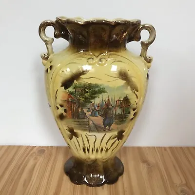 Buy Antique Large Ornate Vase Dutch Fishing Harbour Scene Yellow And Brown 11.5  • 21.95£