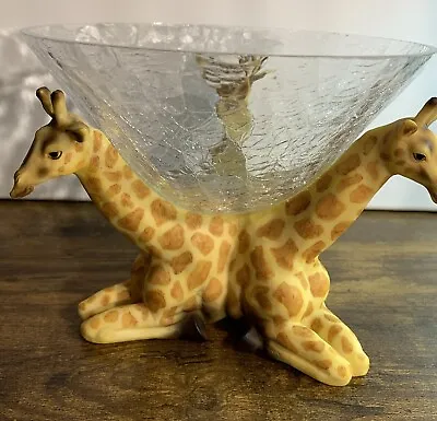 Buy Vintage Clear Crackle Glass Bowl Held Up By Three GIRAFFE CERAMIC FIGURINES • 16.26£