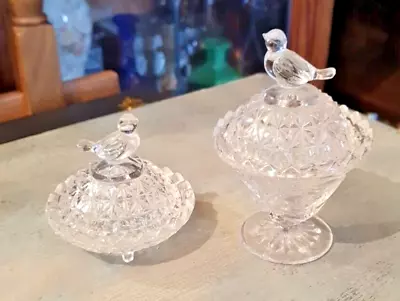 Buy 2 Small Vintage Glass Trinket Pots With Little Bird Handles On Lids • 15.95£