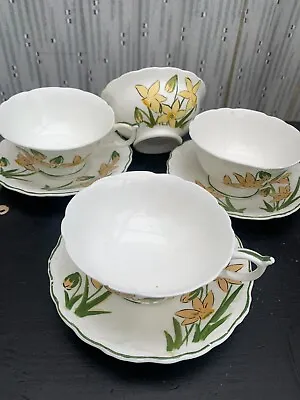 Buy 3 Vintage Bone China Hand Painted Spring Daffodill Cup & Saucers with Sugar Bowl • 10£