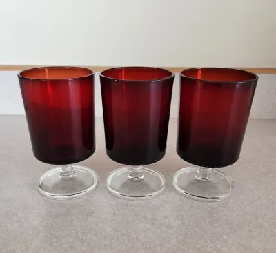 Buy 3 Arcoroc Luminarc France Ruby Red Glass 4 3/4  Clear Footed Water/ Wine Goblets • 13.50£