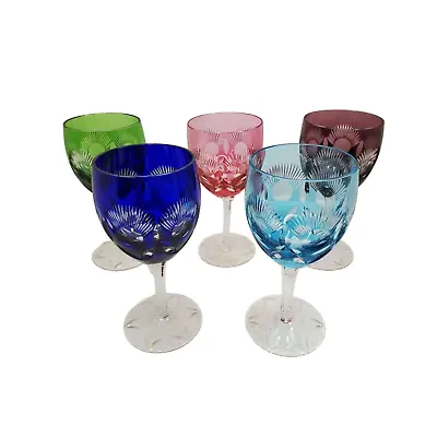 Buy Vintage Bohemian Czech Wine Glasses Multi - Color Cut To Clear Crystal Stemware • 121.54£