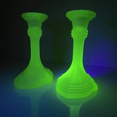 Buy Art Deco Style Uranium Glass Candlestick Candle Holder X2 Good Condition Green • 85.49£