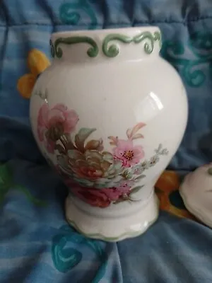 Buy Vintage Royal Winton Pottery  Pink Roses  With Green Edging Missing Lid • 5£