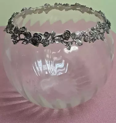 Buy VINTAGE Clear Glass Bowl With Pewter Flowers On Rim - 8  • 37.94£