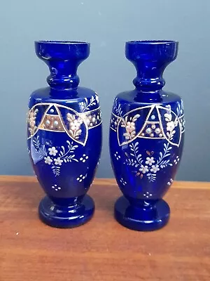 Buy Vintage Pair Bohemian Cobalt Blue Gold Gilt Glass Vases Applied Painted Flowers • 9.99£