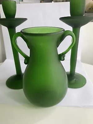 Buy Vintage 2 Emerald Green Satin Frosted Candlestick Holders & Matching Flower Jug. • 28.81£