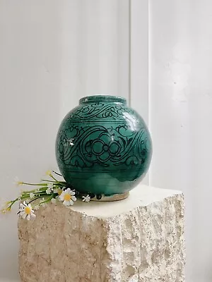 Buy Antique Persian Turquoise & Black Floral Glazed Pottery Orb Jar Vase • 175.45£