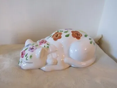 Buy Ceramic China Floral Painted Pattern Cat Lying Sleep Ornament Figurine 28cm Long • 14.99£