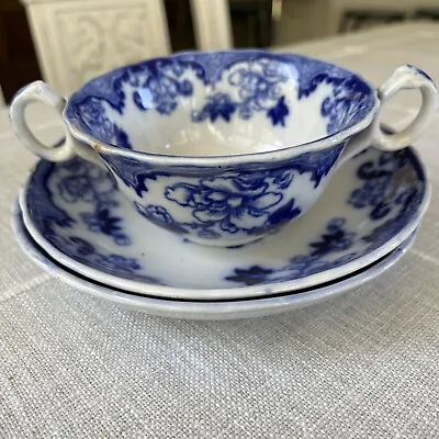 Buy Lot 3 Double Handled  Soup Cup Saucerbowl Cauldon England Flow Blue Candia *read • 20.72£