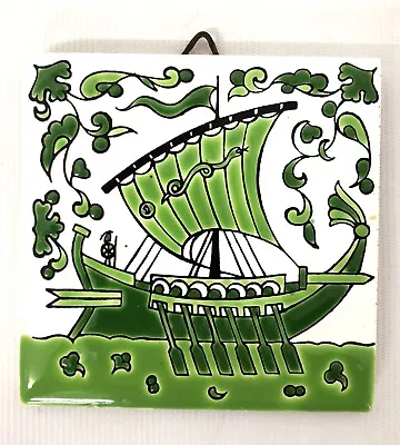 Buy Vintage Arris Keramik Decorative Tile Hand Made Rhodes Greece Viking Ship Green • 9.99£