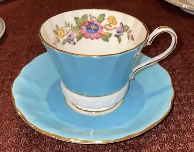 Buy Aynsley England Bone China Blue  Multicolor Flowers Gold Trim Tea Cup And Saucer • 19.20£