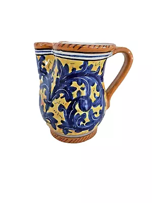 Buy Vintage Signed Italian Small Pitcher Bold Hand Painted Blue Gold Fleur-De-Lis • 23.70£