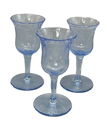 Buy Vintage Set Of 3 Crackle Blue Crackled Small Port Wine Glasses 4” Tall Mini • 28.77£