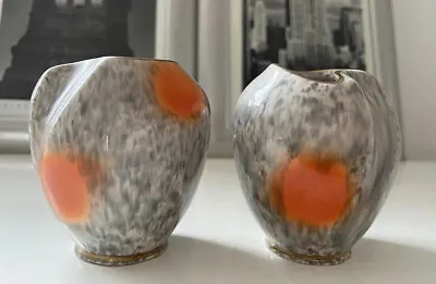 Buy Rare PAIR Unusual Shape Vase MCM Orange Grey Vintage Spots Retro • 19£