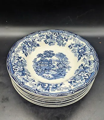 Buy Vintage Set/8 Royal Staffordshire Clarice Cliff Blue Tonquin Rimmed Soup Bowls • 69.39£