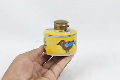 Buy Vintage Indian Hand-Painted Bird Design: Old Ceramic Blue Pottery Yellow Ink Pot • 44.38£