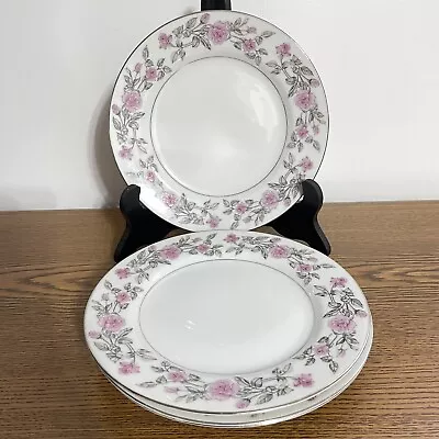 Buy Harmony House China Laura Charcoal  Set Of 4 Salad Plates 7.5” Pink Roses Silver • 14.40£