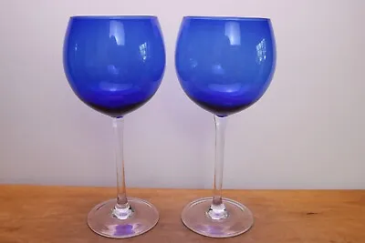 Buy Deep Cobalt Blue Balloon Wine Glasses Clear Stem 8.5   Smooth Set Of 2 • 18.97£