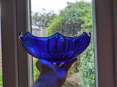 Buy Vintage Cobalt Blue Glass Bowl Scalloped Decorative Mantel Dish Vase 10” Good  • 19.95£