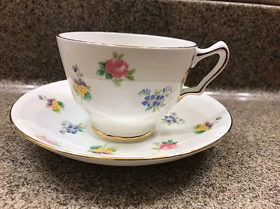 Buy Crown Staffordshire Fine Bone China FLORAL BOUQUET Footed Tea Cup Saucer Gold • 11.33£
